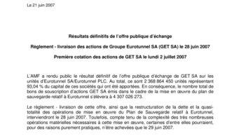 Résultats définitifs de l’offre publique d’échange