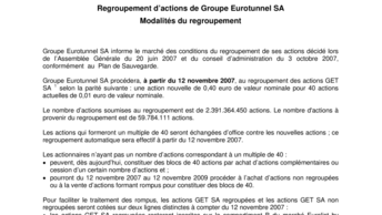 Regroupement d’actions de Groupe Eurotunnel SA - Modalités du regroupement