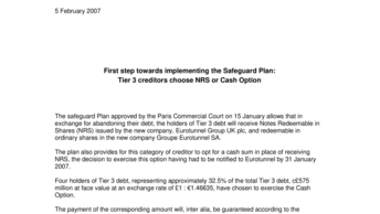 First step towards implementing the Safeguard Plan:  Tier 3 creditors choose NRS or Cash Option