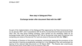 New step in Safeguard Plan:  Exchange tender offer document filed with the AMF*