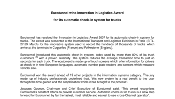 Eurotunnel wins Innovation in Logistics Award  for its automatic check-in system for trucks