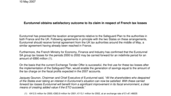 Eurotunnel obtains satisfactory outcome to its claim in respect of French tax losses