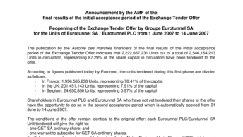 Announcement by the AMF of the  final results of the initial acceptance period of the Exchange Tender Offer