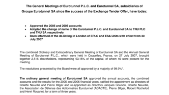General Meetings of Eurotunnel P.L.C. and Eurotunnel SA