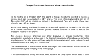 Groupe Eurotunnel: launch of share consolidation