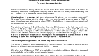 Groupe Eurotunnel SA Share Consolidation - Terms of the consolidation