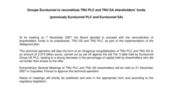 Groupe Eurotunnel to reconstitute TNU PLC and TNU SA shareholders’ funds (previously Eurotunnel PLC and Eurotunnel SA)