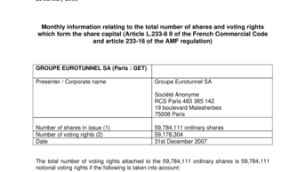 Monthly information relating to the total number of shares and voting rights which form the share capital (Article L.233-8 II of the French Commercial Code and article 233-16 of the AMF regulation)