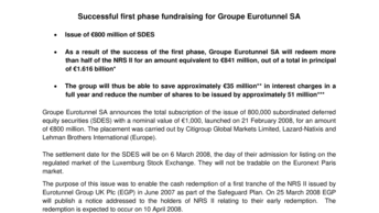 Successful first phase fundraising for Groupe Eurotunnel SA