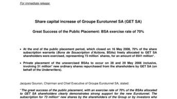 Share capital increase of Groupe Eurotunnel SA (GET SA) - Great Success of the Public Placement: BSA exercise rate of 70%