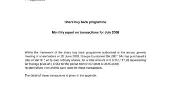 Share buy back programme - Monthly report on transactions for July 2008