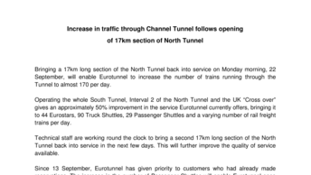 Increase in traffic through Channel Tunnel follows opening  of 17km section of North Tunnel