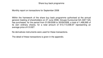 Share buy back programme - Monthly report on transactions for September 2008