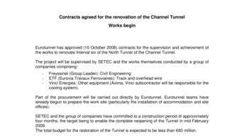 Contracts agreed for the renovation of the Channel Tunnel - Works begin