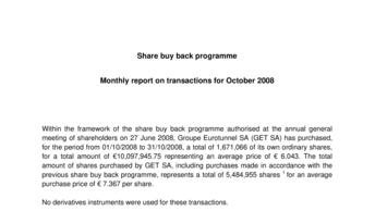 Share buy back programme - Monthly report on transactions for October 2008