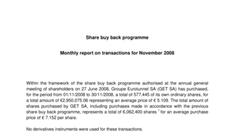 Share buy back programme - Monthly report on transactions for November 2008