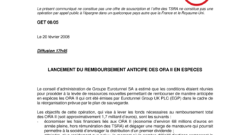 LANCEMENT DU REMBOURSEMENT ANTICIPE DES ORA II EN ESPECES