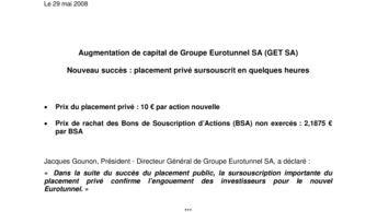 Augmentation de capital de Groupe Eurotunnel SA (GET SA) - Nouveau succès : placement privé sursouscrit en quelques heures