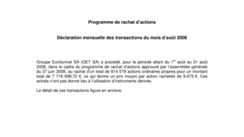 Programme de rachat d’actions   Déclaration mensuelle des transactions du mois d’août 2008