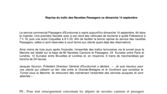Reprise du trafic des Navettes Passagers ce dimanche 14 septembre