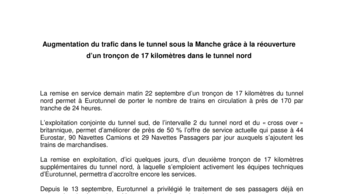 Augmentation du trafic dans le tunnel sous la Manche grâce à la réouverture d’un tronçon de 17 kilomètres dans le tunnel nord