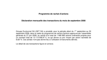 Programme de rachat d’actions - Déclaration mensuelle des transactions du mois de septembre 2008