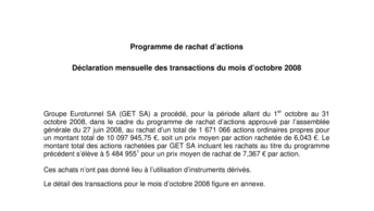 Programme de rachat d’actions  Déclaration mensuelle des transactions du mois d’octobre 2008
