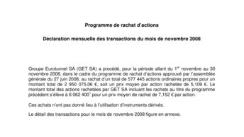 Programme de rachat d’actions - Déclaration mensuelle des transactions du mois de novembre 2008