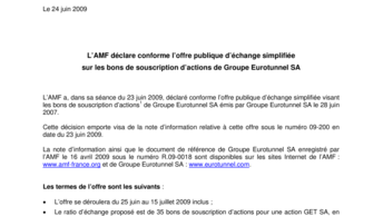 L’AMF déclare conforme l’offre publique d’échange simplifiée  sur les bons de souscription d’actions de Groupe Eurotunnel SA
