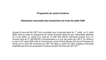 Programme de rachat d’actions - Déclaration mensuelle des transactions du mois de juillet 2009