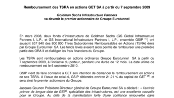 Remboursement des TSRA en actions GET SA à partir du 7 septembre 2009