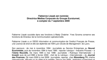 Fabienne Lissak est nommée Directrice Médias Corporate du Groupe Eurotunnel, à compter du 7 septembre 2009