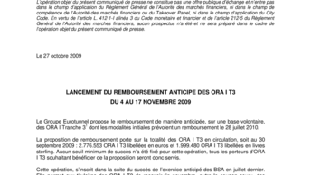 LANCEMENT DU REMBOURSEMENT ANTICIPE DES ORA I T3  DU 4 AU 17 NOVEMBRE 2009