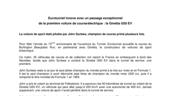Eurotunnel innove avec un passage exceptionnel  de la première voiture de course électrique : la Ginetta G50 EV