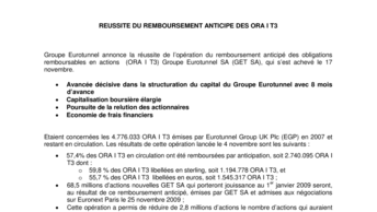 REUSSITE DU REMBOURSEMENT ANTICIPE DES ORA I T3