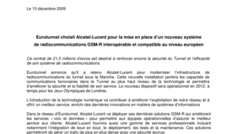 Eurotunnel choisit Alcatel-Lucent pour la mise en place d’un nouveau système de radiocommunications GSM-R interopérable et compatible au niveau européen