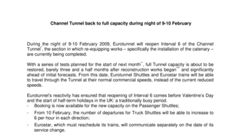 Channel Tunnel back to full capacity during night of 9-10 February