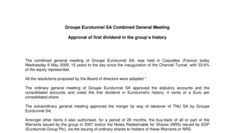 Groupe Eurotunnel SA Combined General Meeting - Approval of first dividend in the group’s history