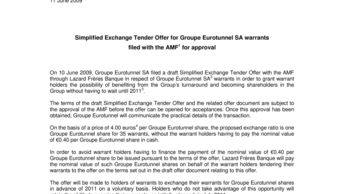 Simplified Exchange Tender Offer for Groupe Eurotunnel SA warrants  filed with the AMF1 for approval