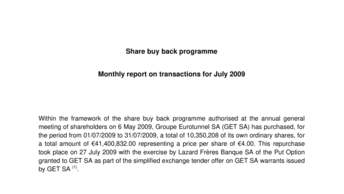 Share buy back programme - Monthly report on transactions for July 2009