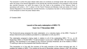 Launch of the early redemption of NRS I T3  from 4 to 17 November 2009