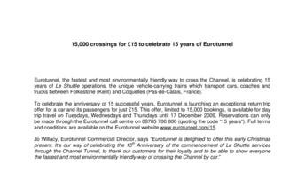 15,000 crossings for £15 to celebrate 15 years of Eurotunnel