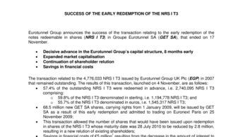 SUCCESS OF THE EARLY REDEMPTION OF THE NRS I T3