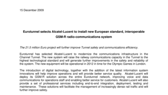 Eurotunnel selects Alcatel-Lucent to install new European standard, interoperable GSM -R radio-communications system