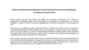 Olivier Linchet est nommé Manager Grands Comptes Fret France et Sud Belgique, à compter du 4 janvier 2010
