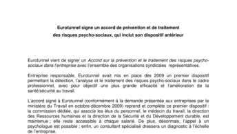 Eurotunnel signe un accord de prévention et de traitement  des risques psycho-sociaux, qui inclut son dispositif antérieur
