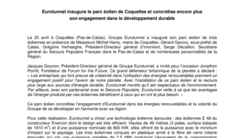 Eurotunnel inaugure le parc éolien de Coquelles et concrétise encore plus son engagement dans le développement durable