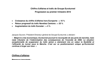 Chiffre d’affaires et trafic de Groupe Eurotunnel  Progression au premier trimestre 2010