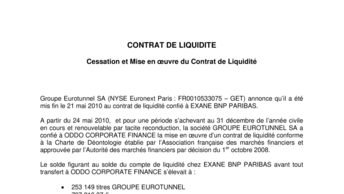 CONTRAT DE LIQUIDITE - Cessation et Mise en œuvre du Contrat de Liquidité