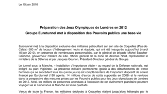 Préparation des Jeux Olympiques de Londres en 2012  Groupe Eurotunnel met à disposition des Pouvoirs publics une base-vie